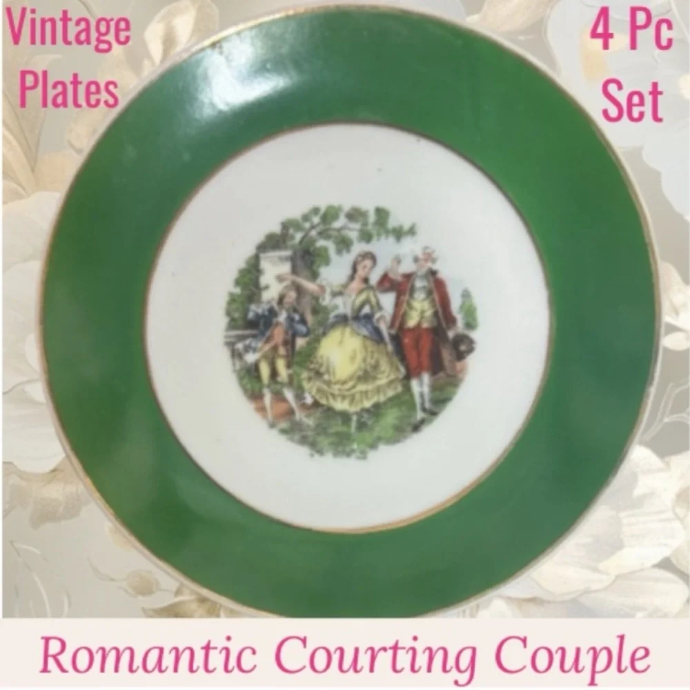 Vintage Courting Couple Plates Set 4 Pc Blume Japan Floral Green White Burgundy